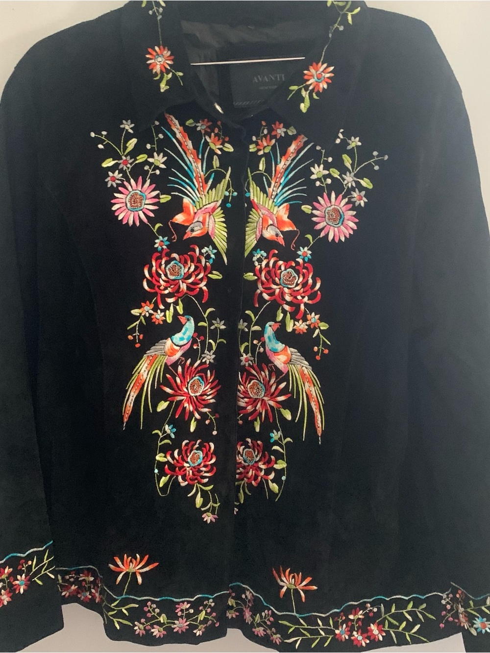 Avanti Black Suede Blazer Jacket with Multicolor Floral & Bird Embroidery